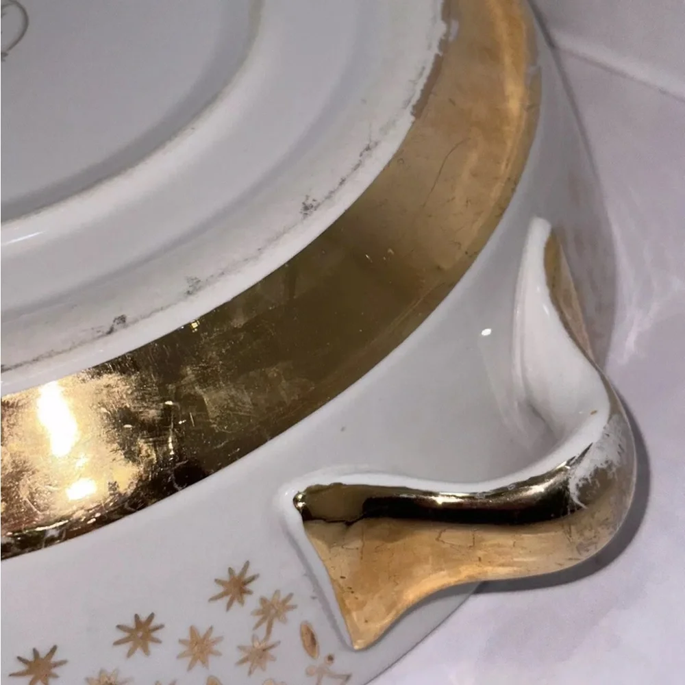 Hall China Starburst Flare Ware Casserole Pedestal Set Atomic MCM Gold Lid Dish